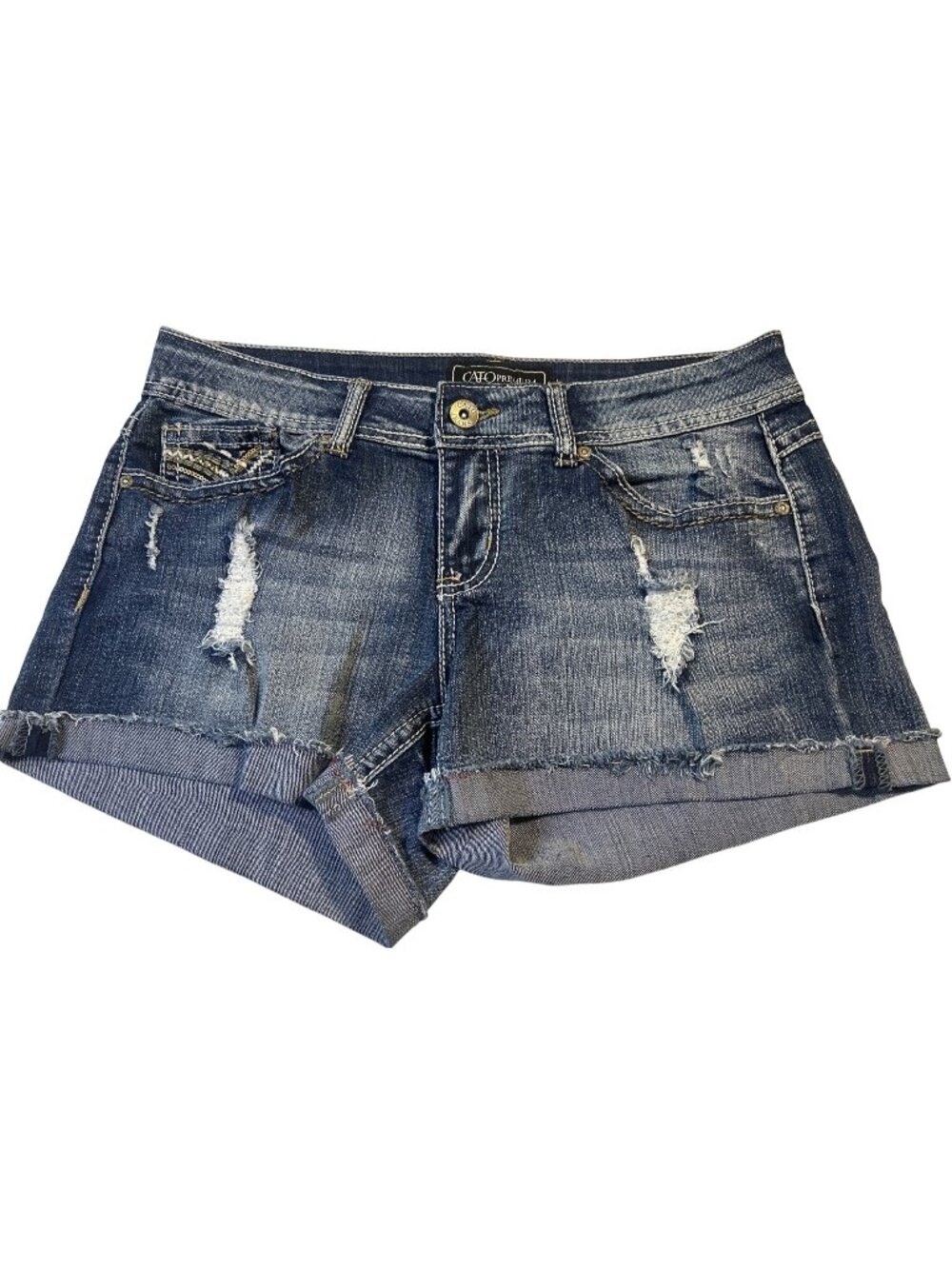 Cato Size 10 Distressed Denim Shorts With Sequin Detail Frayed Hem & Mid-Rise Fi
